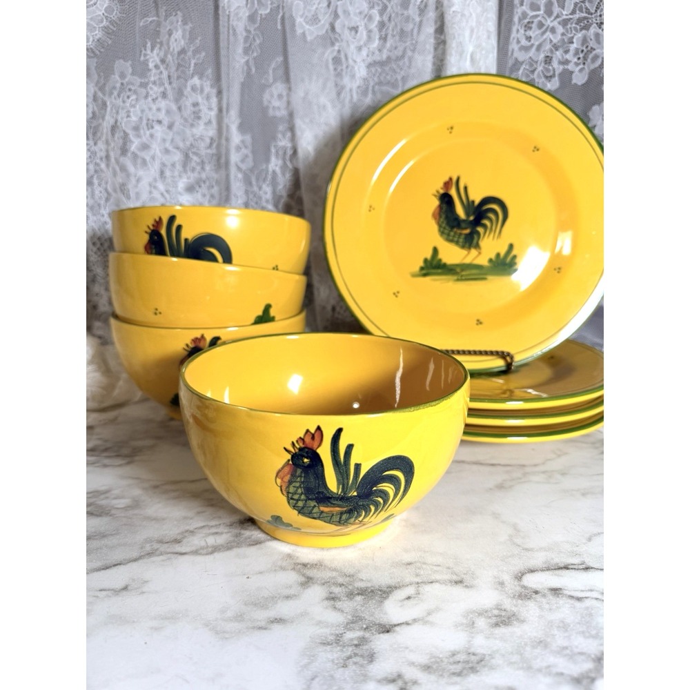 Horchow Rooster 4~ 5.5" Bowls With 4~8.5 " Plates No Chips No Cracks (3132)